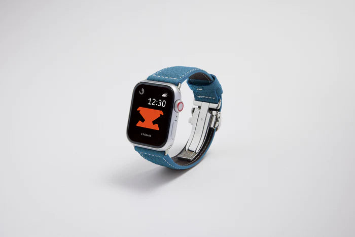 Apple Watch用レザーバンド スカンディナビアンブルー/ホワイトステッチ